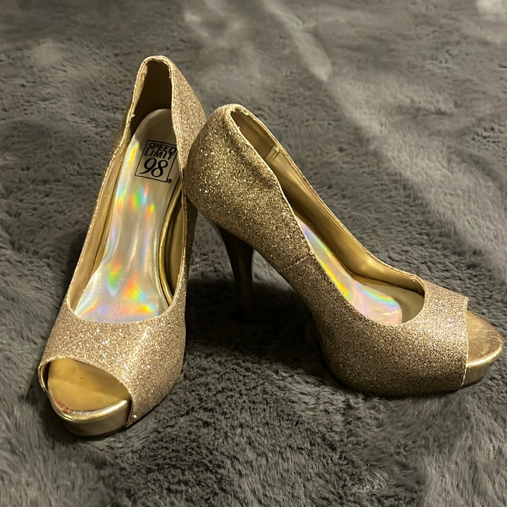 Sparkle gold open toe heels
